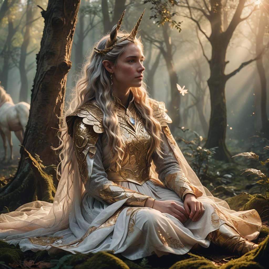 Mystical Seeker with Unicorn in Misty Forest