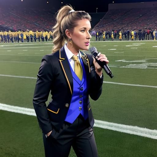 Sideline Reporter in Multicolor Pantsuit at Football Game