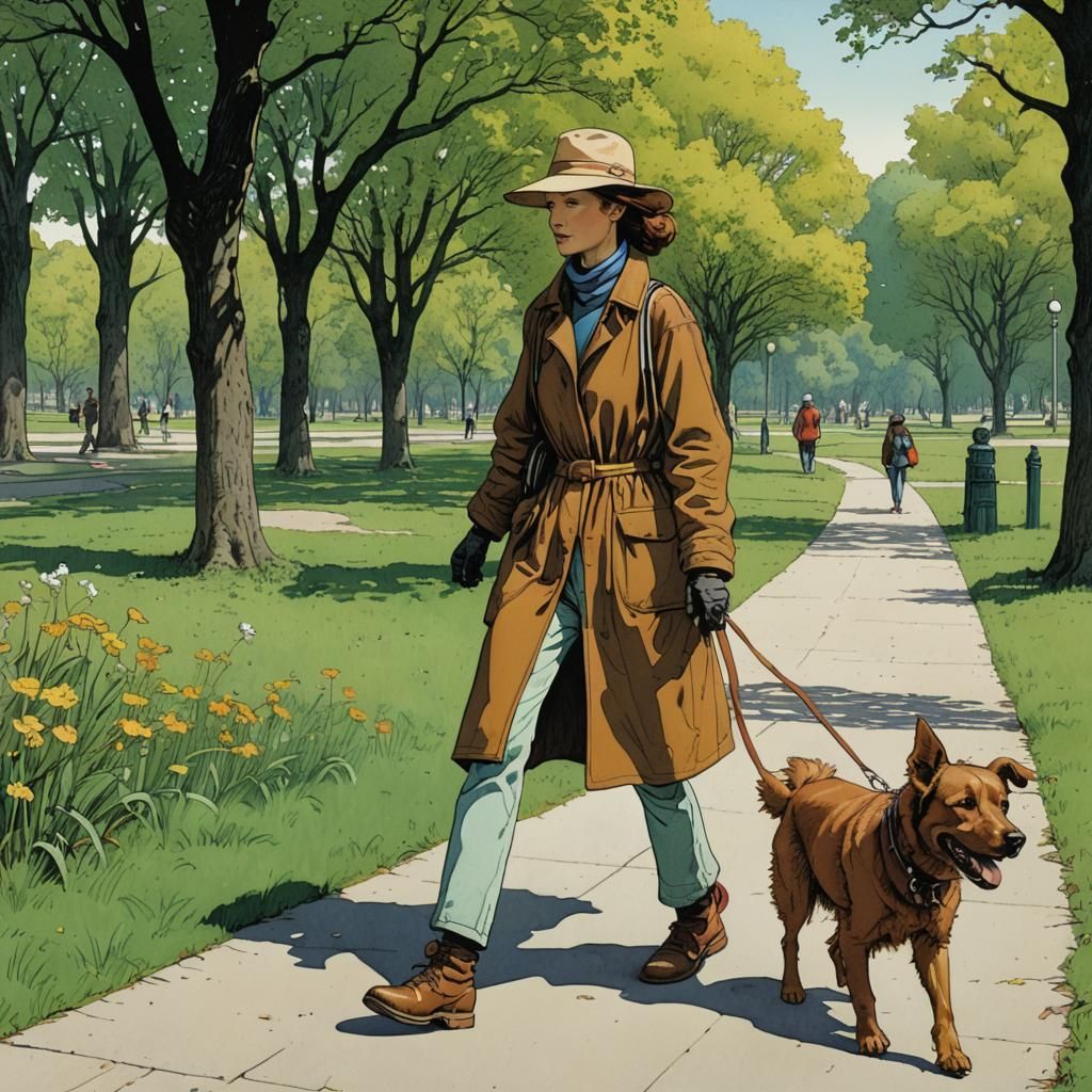 Woman and Dog in Park, Moebius Illustration