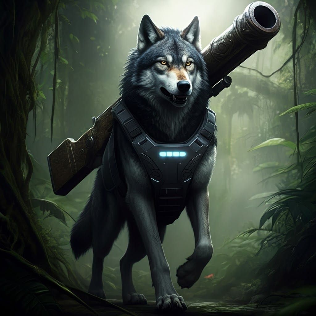 Fenrir: Armored Wolf in Jungle with Cannon