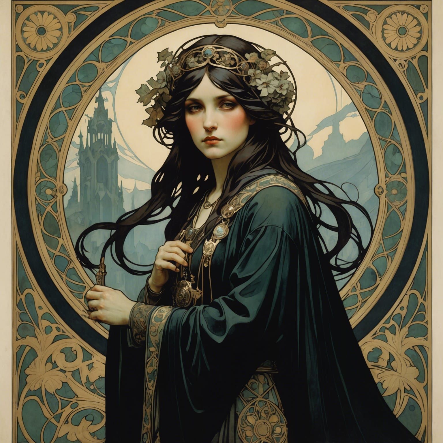 Grimdark Scene in Art Nouveau Style