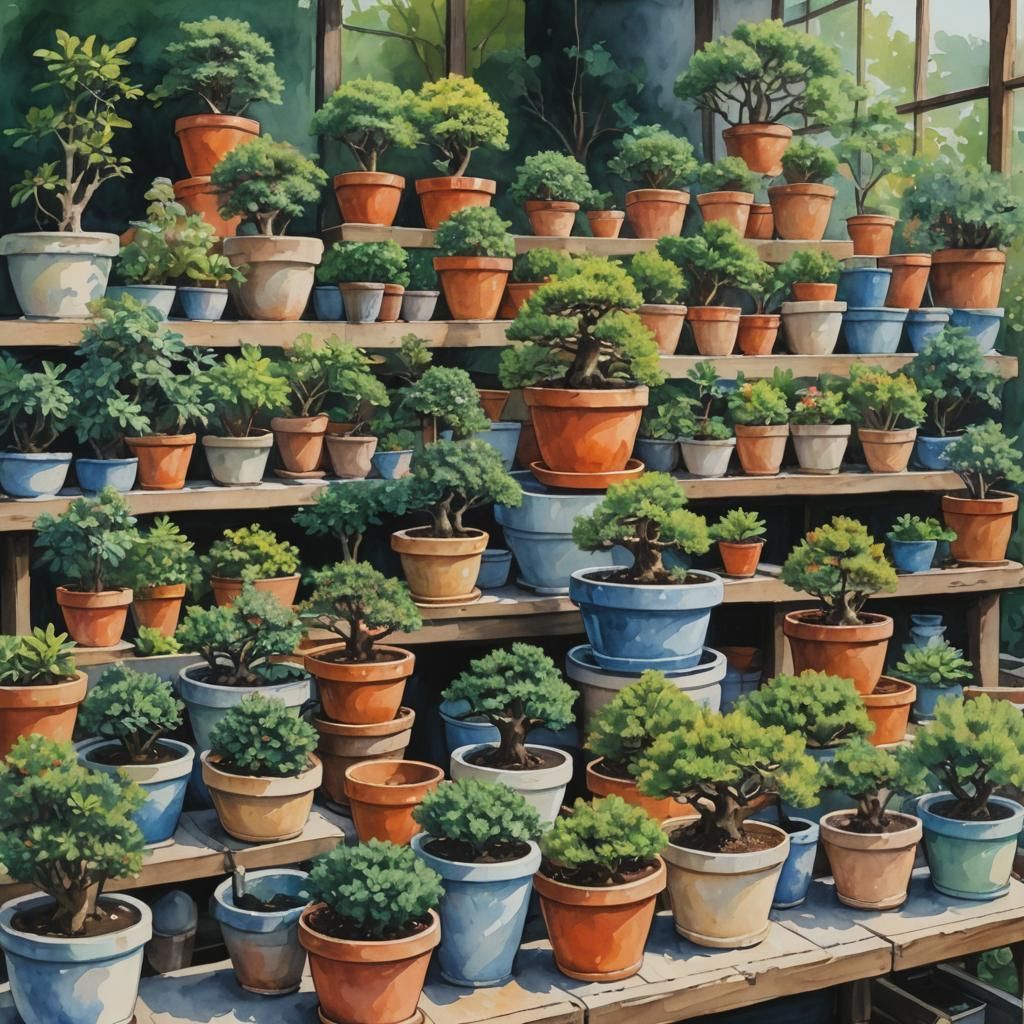 Bonsai Nursery View in Tokyo, Gouache Impressionist Style