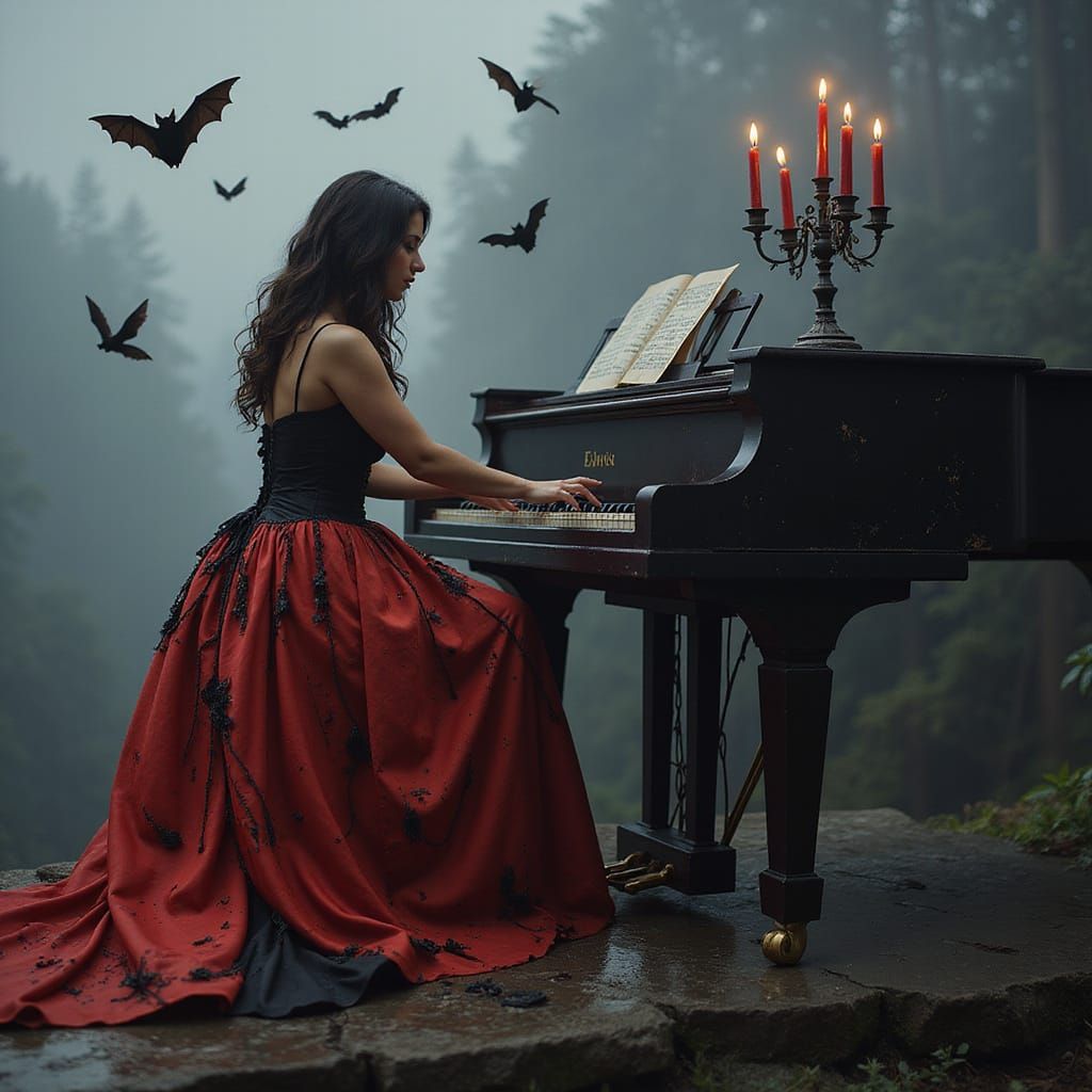 Surreal Woman in Torn Dress Plays Piano
