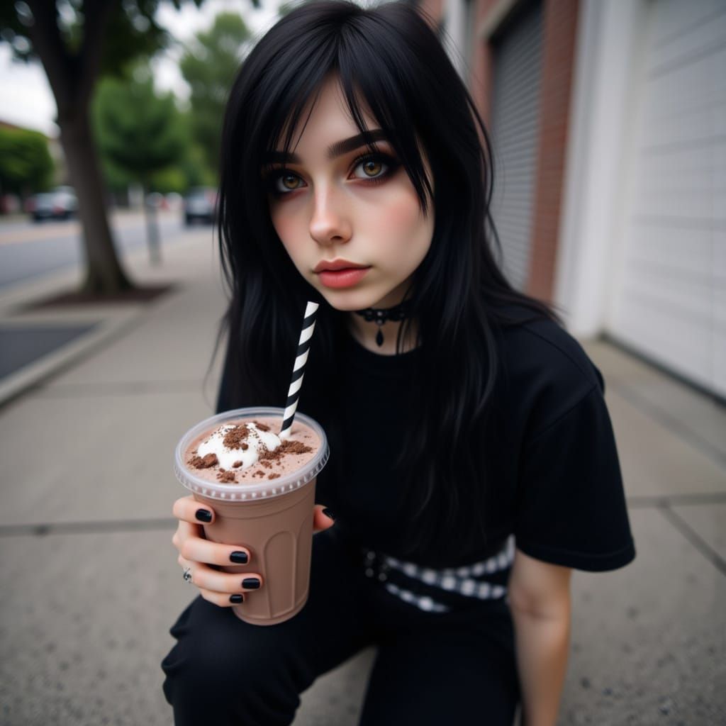 Emo Woman Slouching on Curb with Chocolate Milkshake