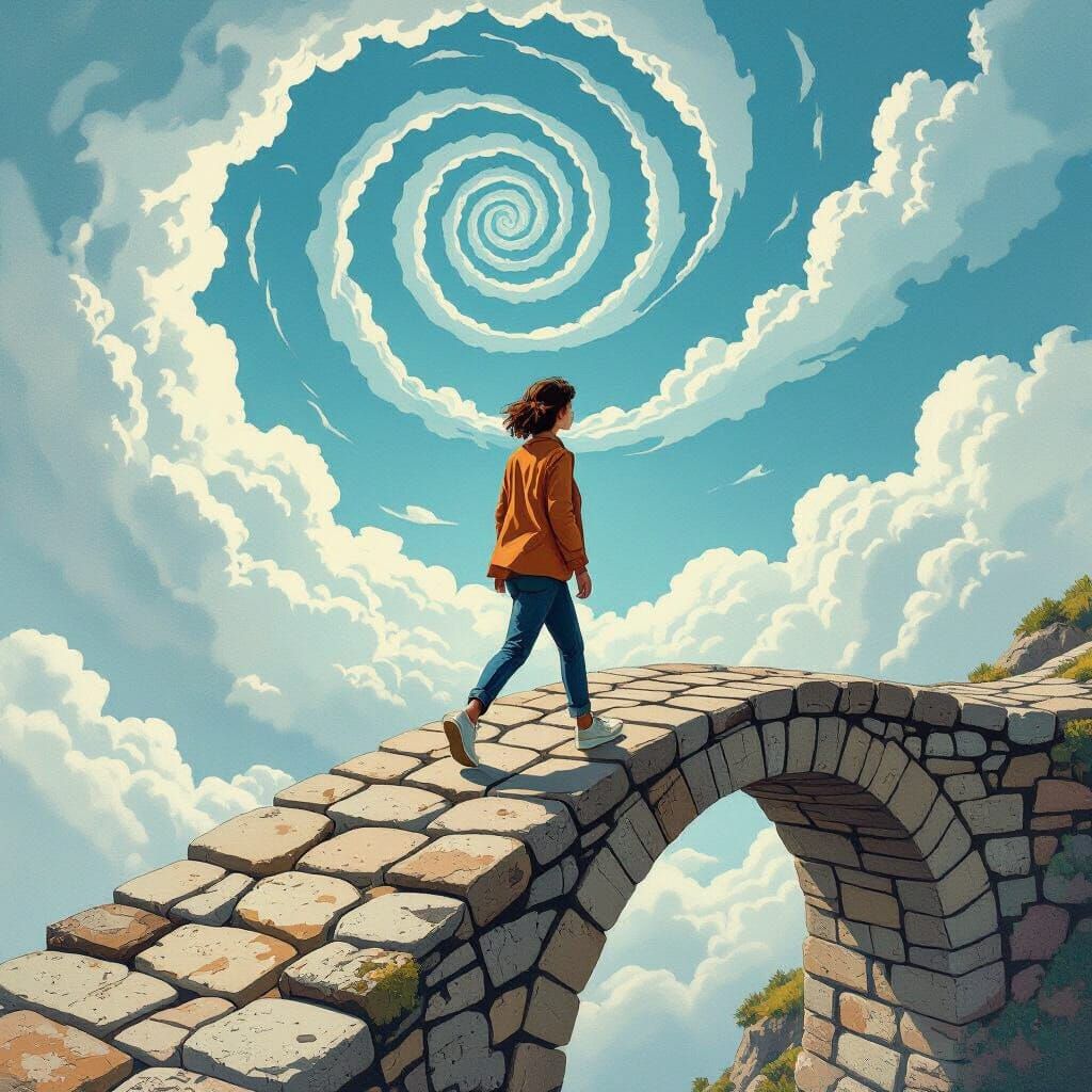 Person Walks Bridge to Sky: Surrealist Style