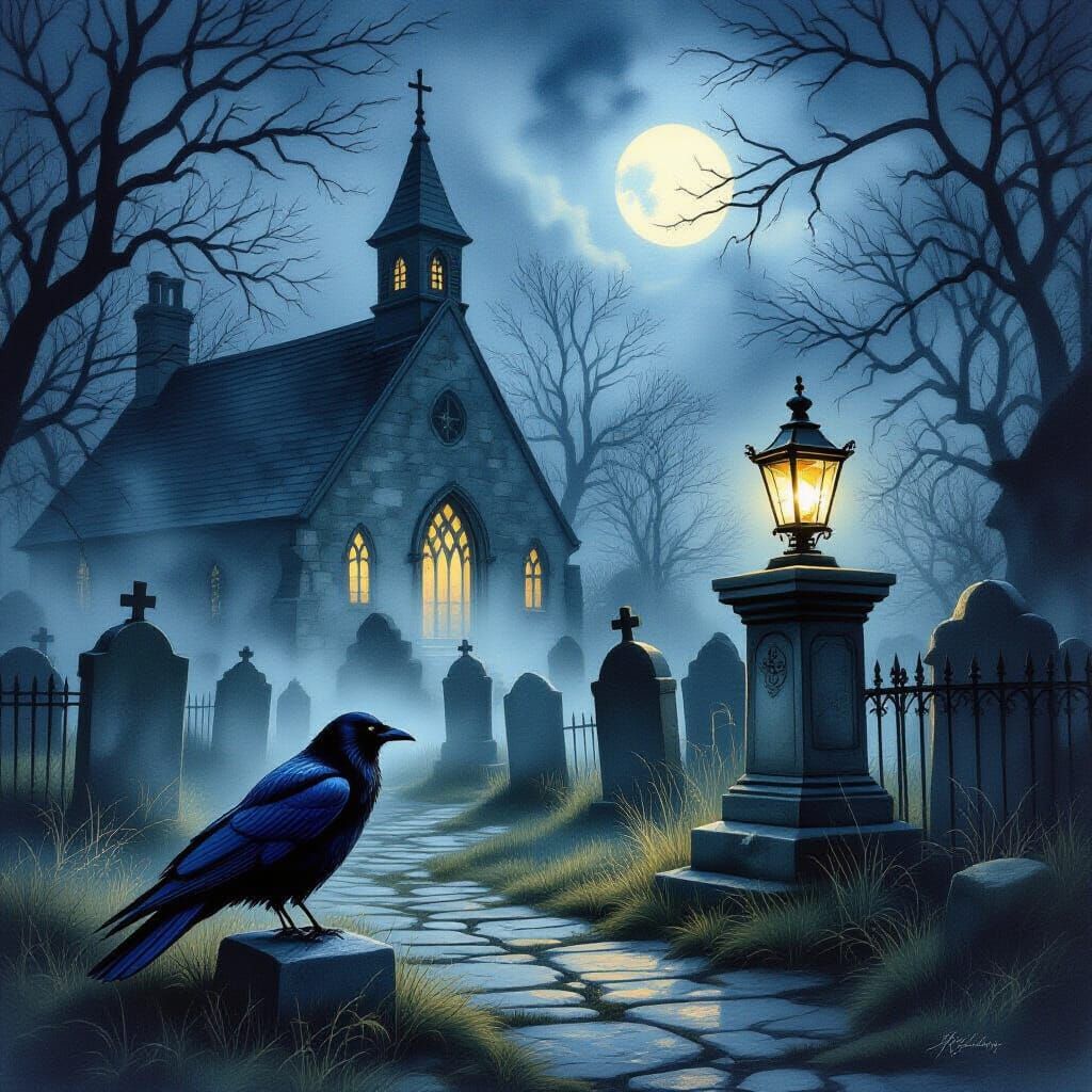 Ethereal Graveyard Scene at Night in Watercolor