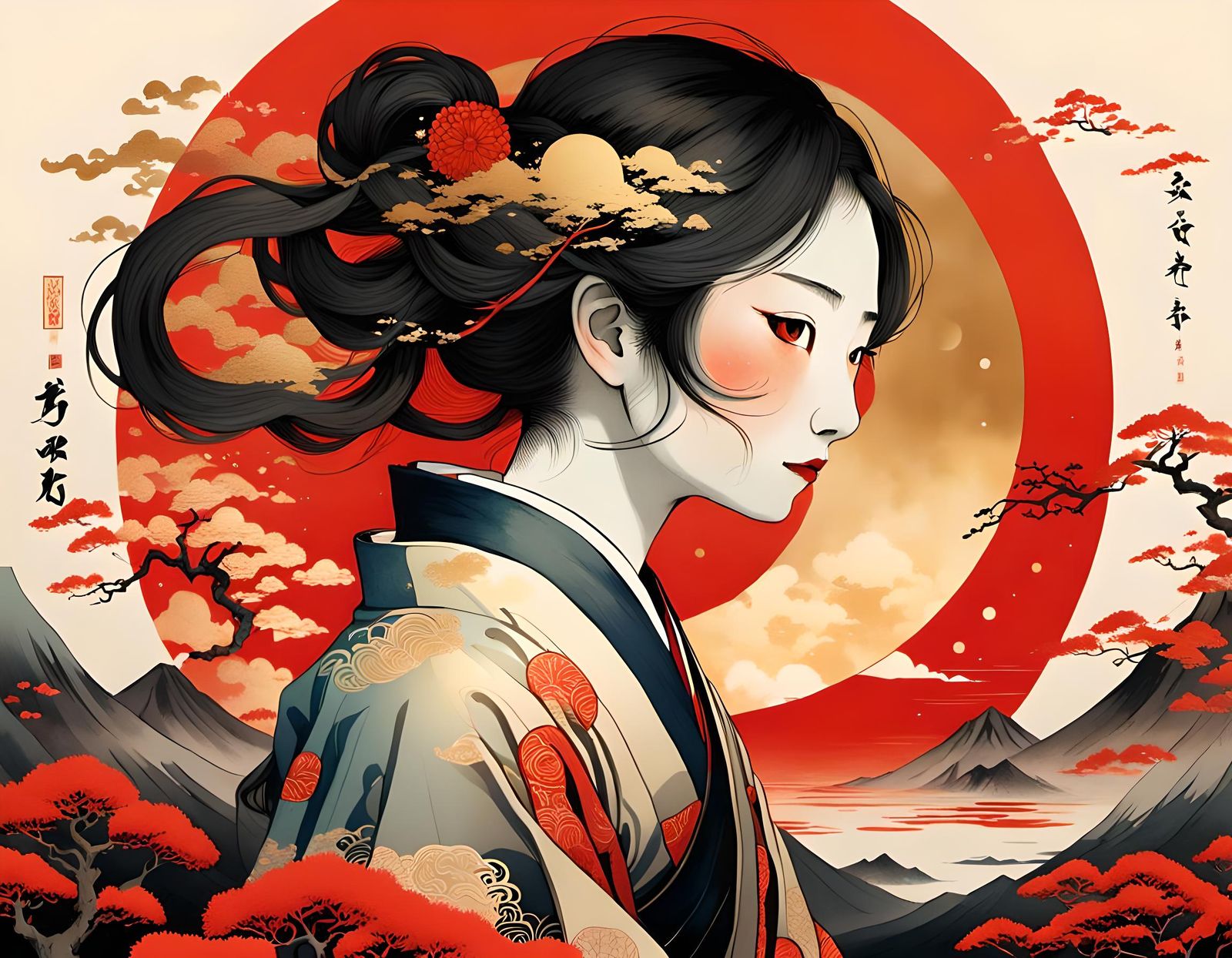 Sandra in Japanese Ink Wash Style with Gold Highlights