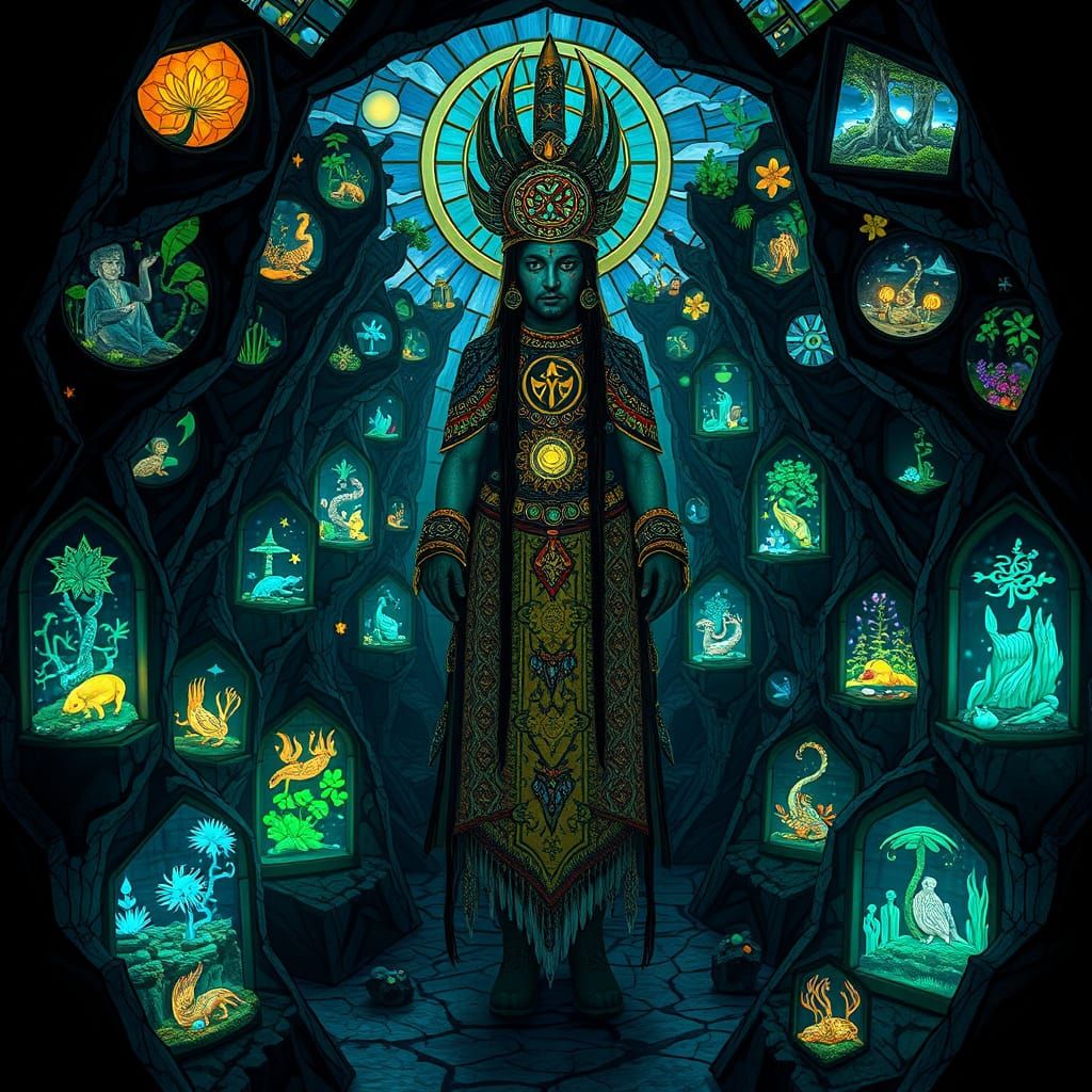 Mystical Shaman in Bioluminescent Labyrinth