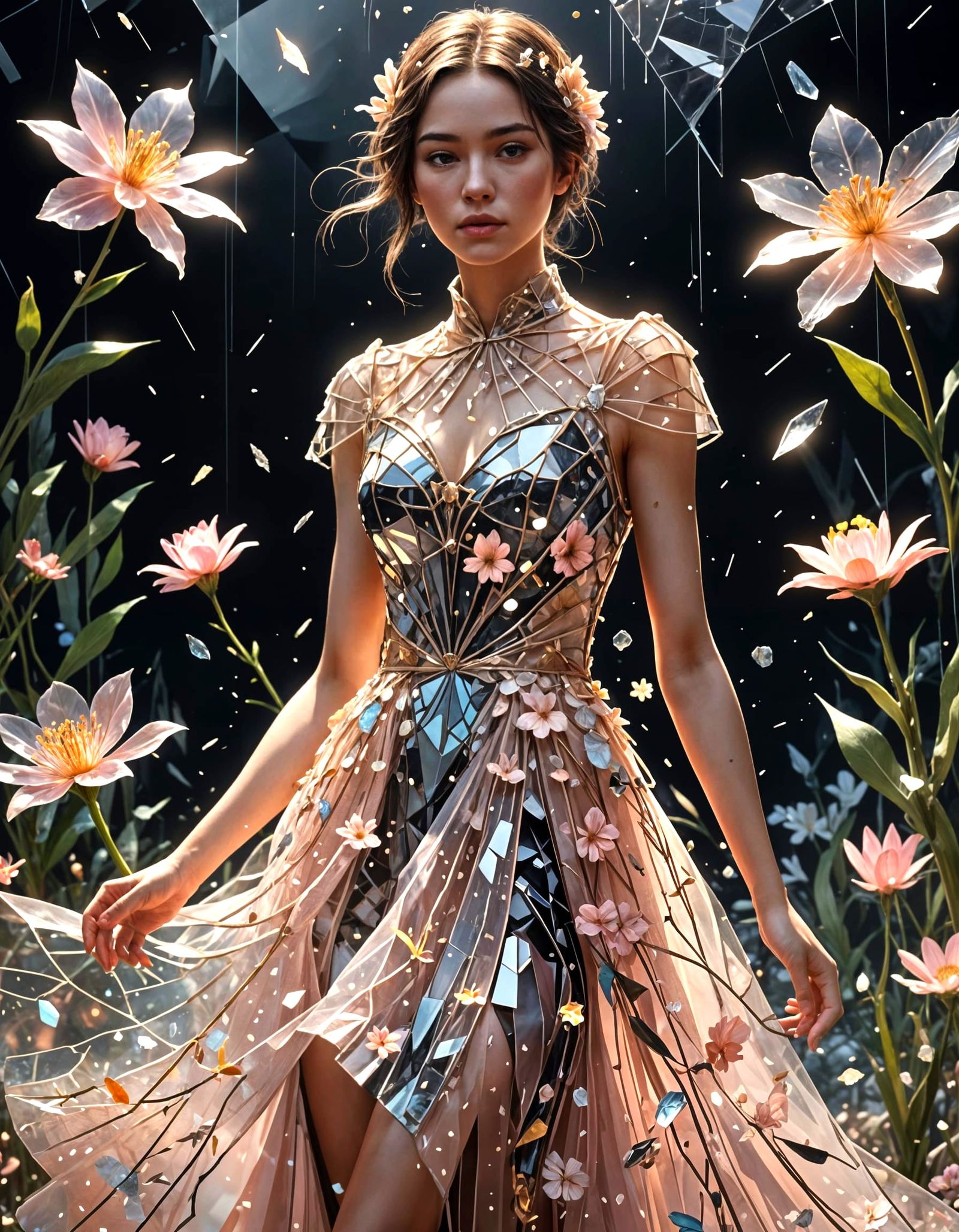 Woman in Shattered Glass Dress with Floral Accents