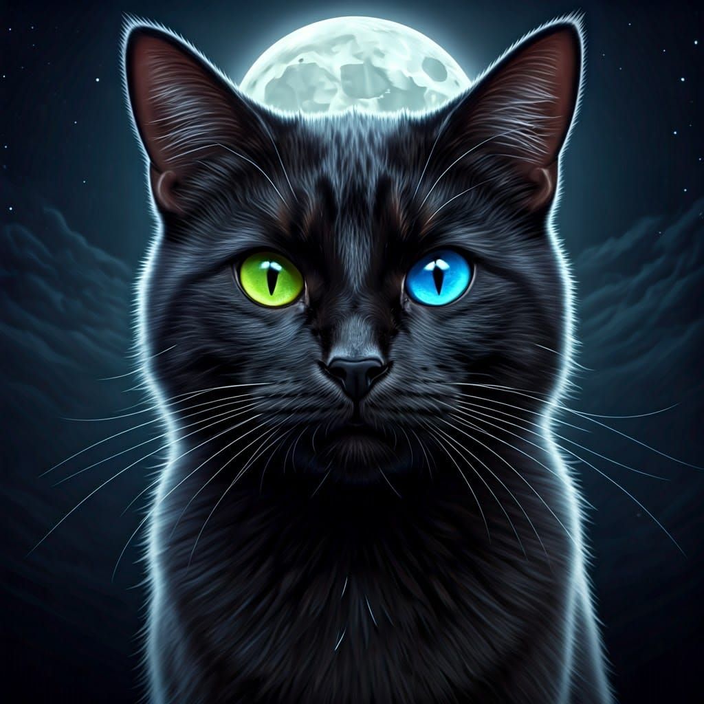 Black Cat with Heterochromia Under Full Moon