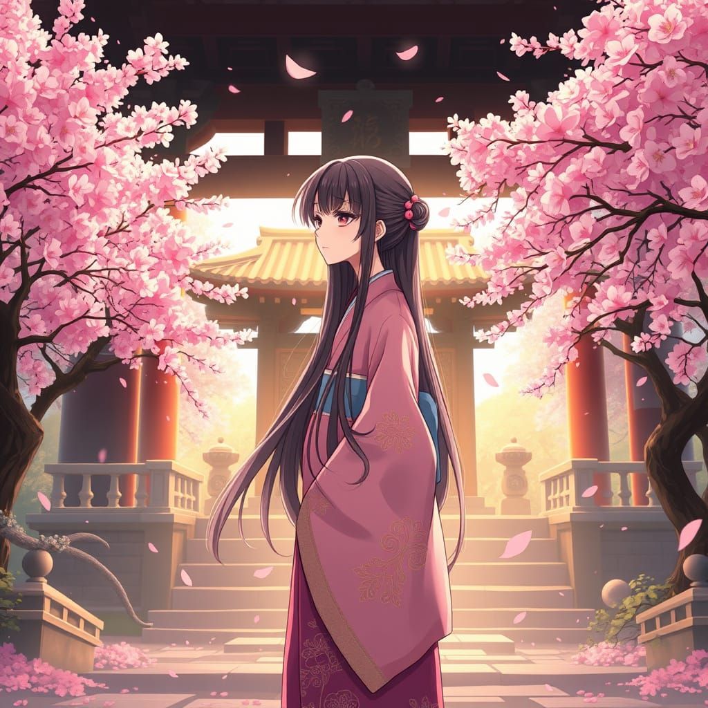 Ethereal Anime Goddess in Whimsical Cherry Blossom Landscape