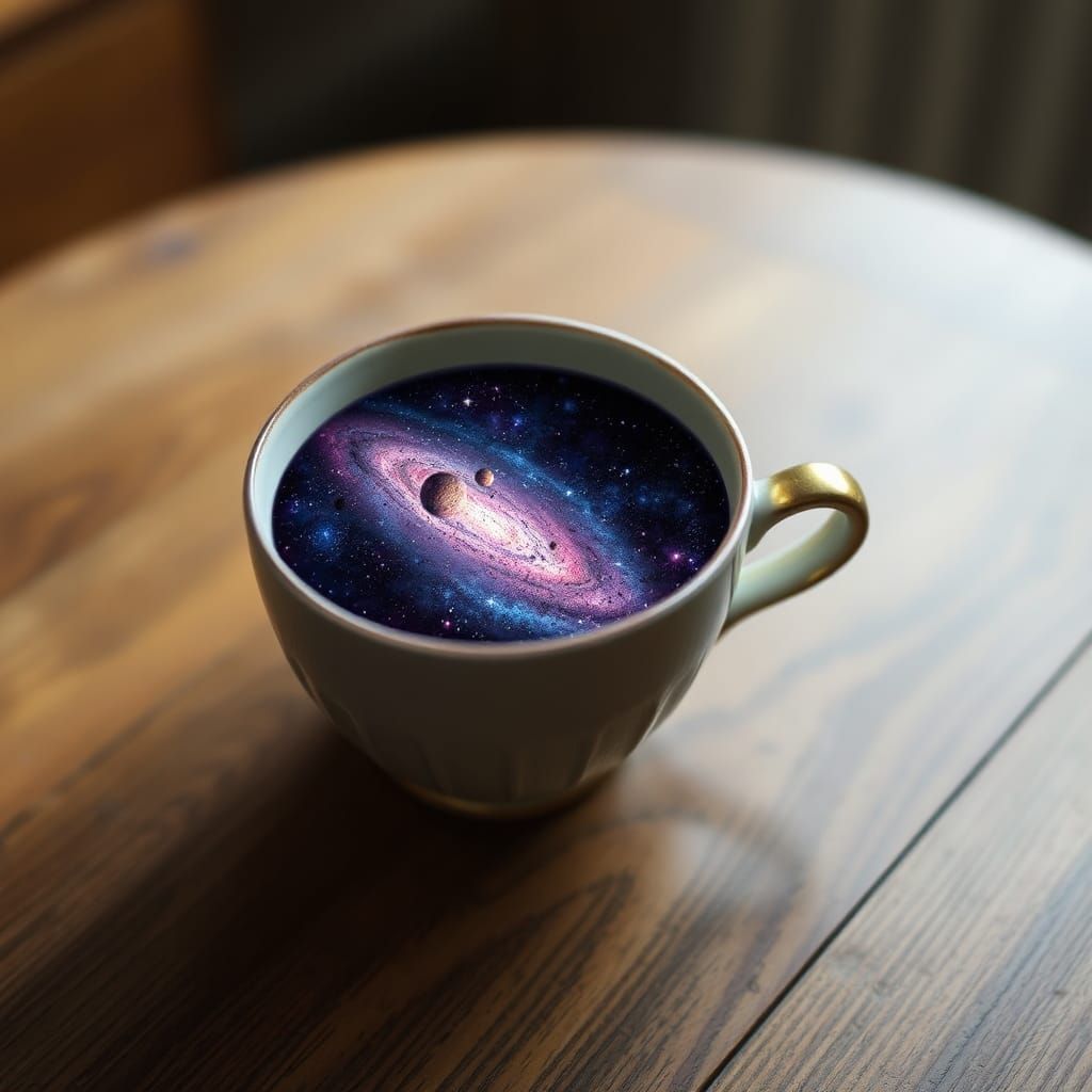 Miniature Galaxy Inside Teacup on Wooden Table