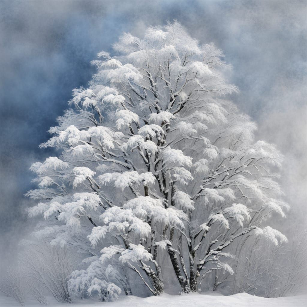 Serene Winter Landscape in White, Blue, and Silver