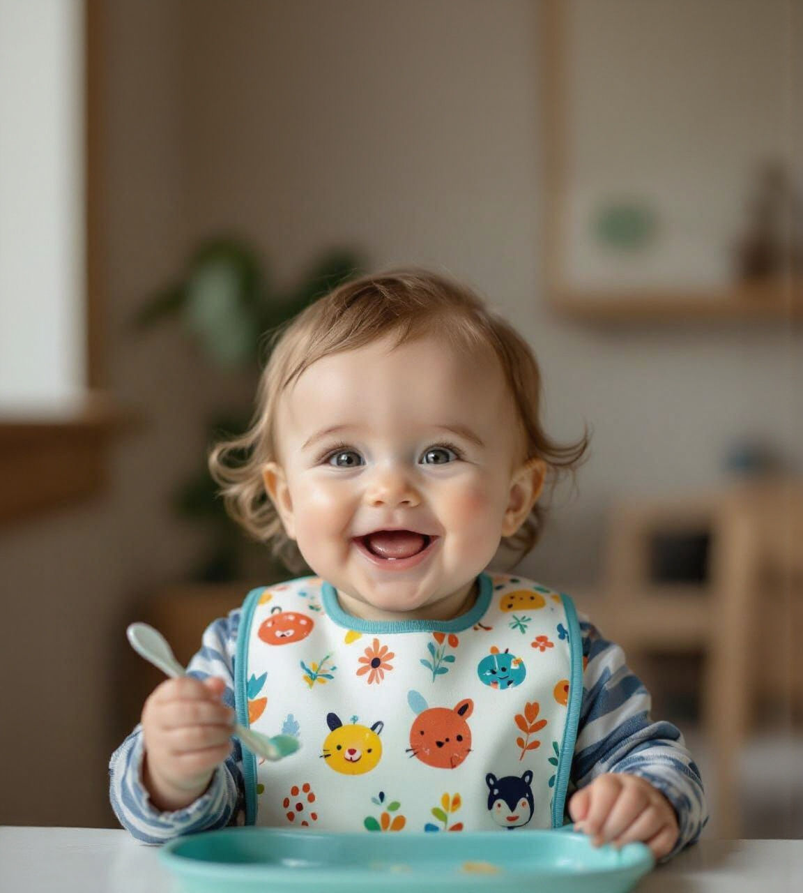 Smiling Baby Holds Spoon Ready for Feeding