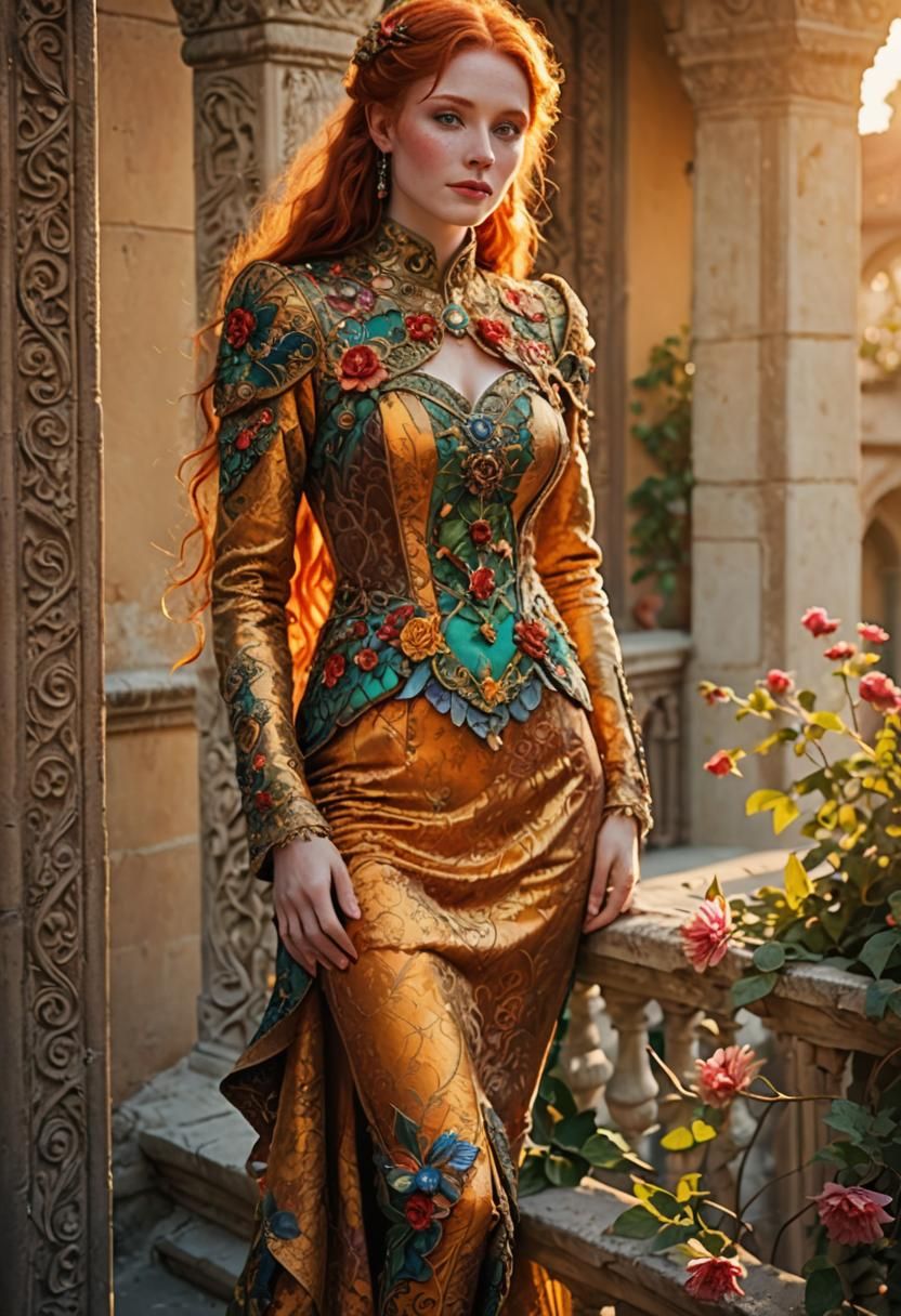 Red-Haired Enchantress on a Flowery Palace Balcony