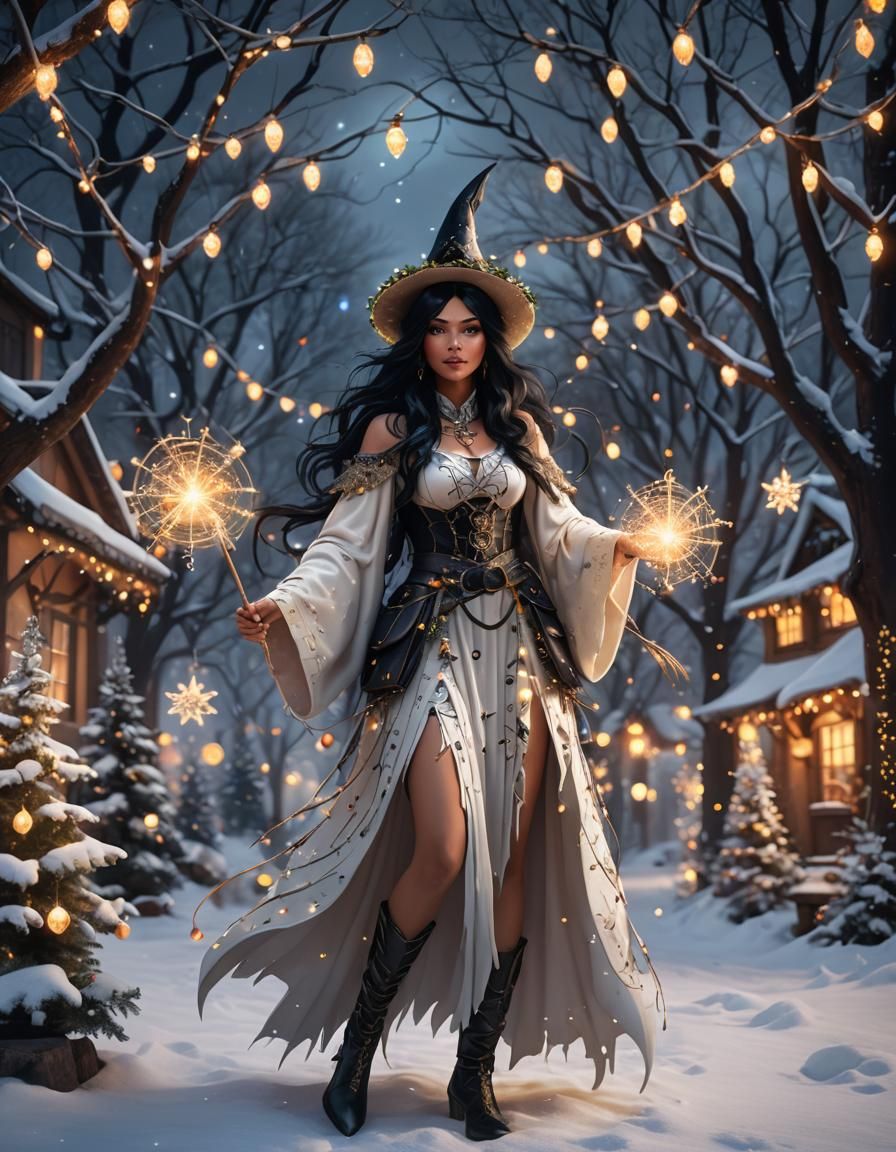 Magical Winter Witch with Christmas Lights