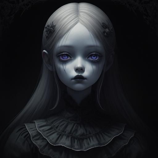 Creepy Gothic Porcelain Doll on Dusty Shelf