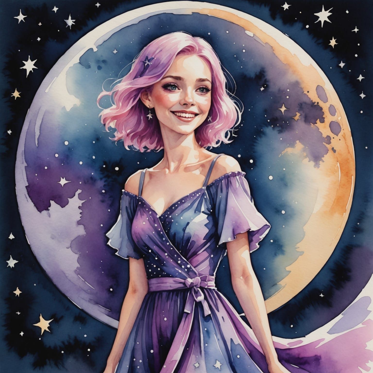 Whimsical Watercolor Moonlit Scene in Vibrant Pastel Hues