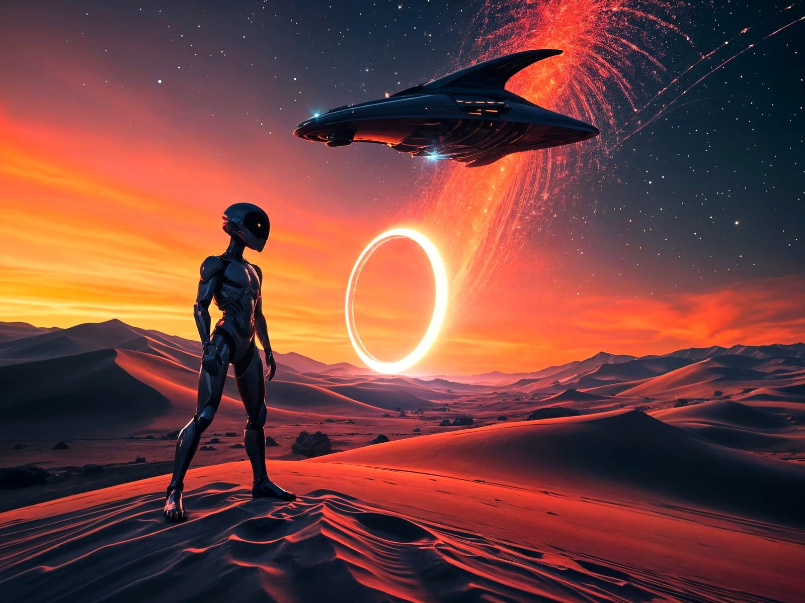 Cybernetic Sentinel Amidst Quantum Portal