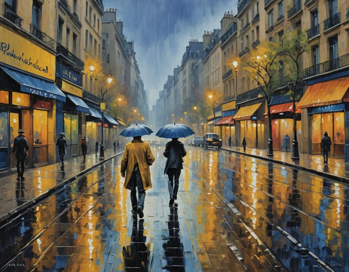 Parisian Rain, Impasto Oil Painting in Neo-Expressionist Sty...