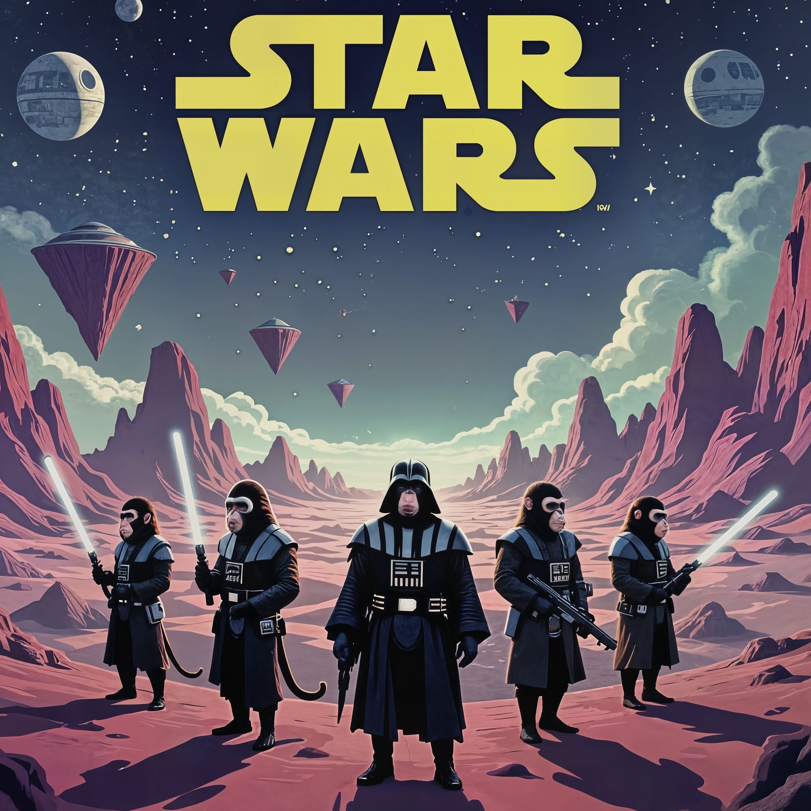 Surreal Star Wars Poster with Monkeys in Magritte Style