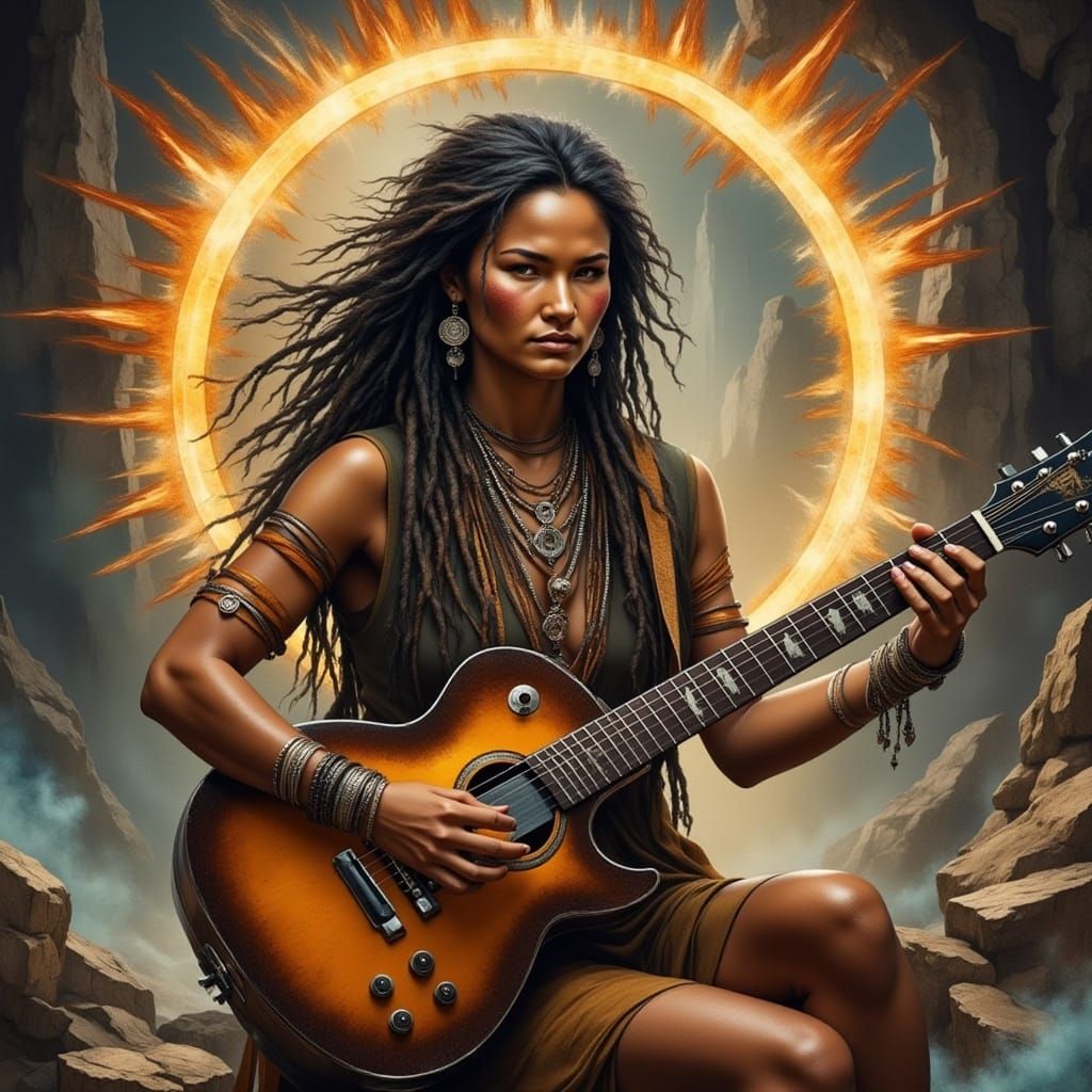 A Native American woman playing guitar, dark hair with white at the temples (3.0) in dreadlocks with stone and silver be...