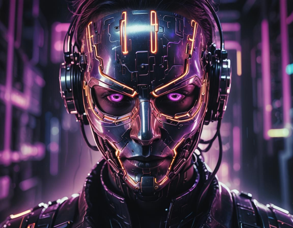 Neon Cyberpunk Mask Portrait in Metallic Digital Art