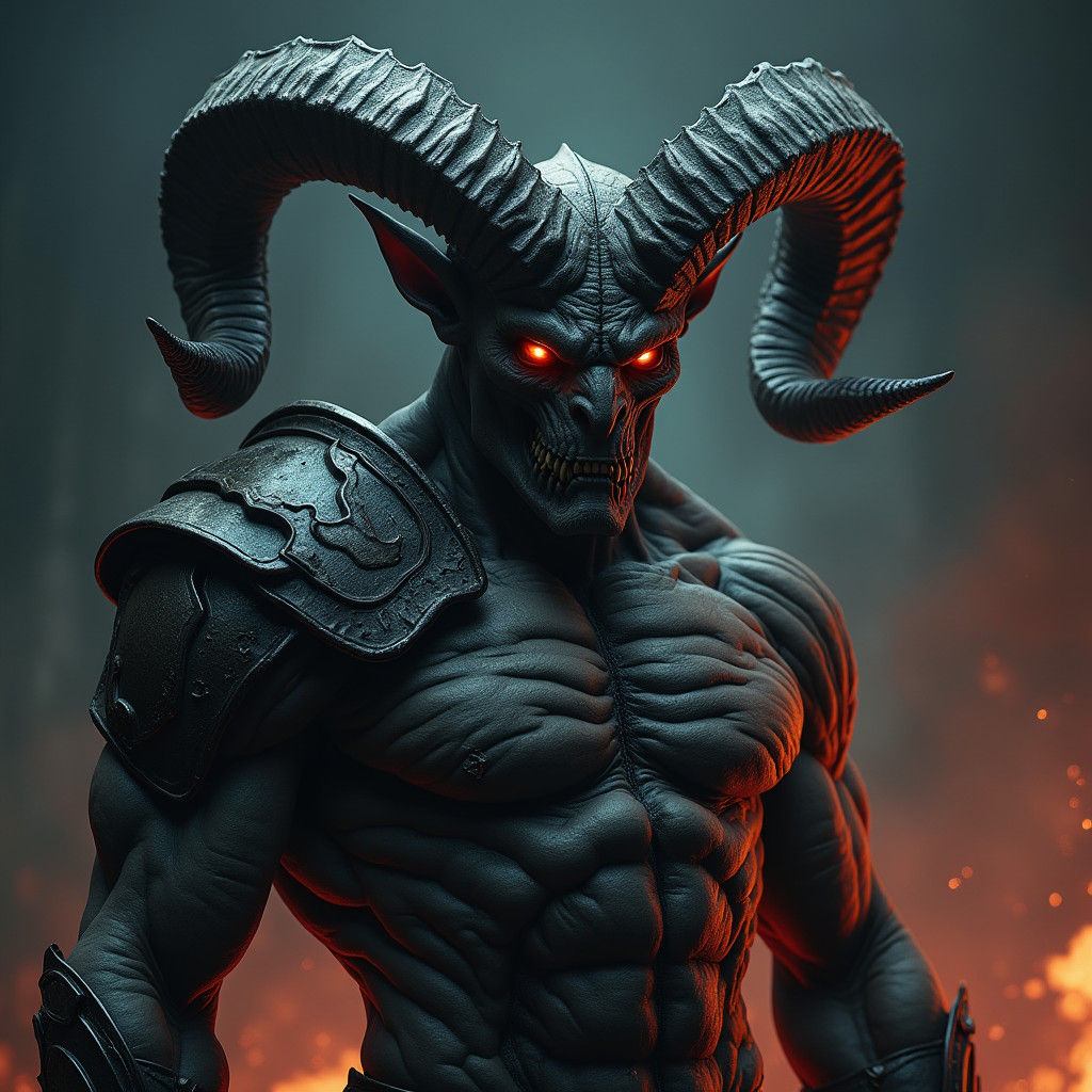 Dark Demon with Ram Horns in Matte Painting Style