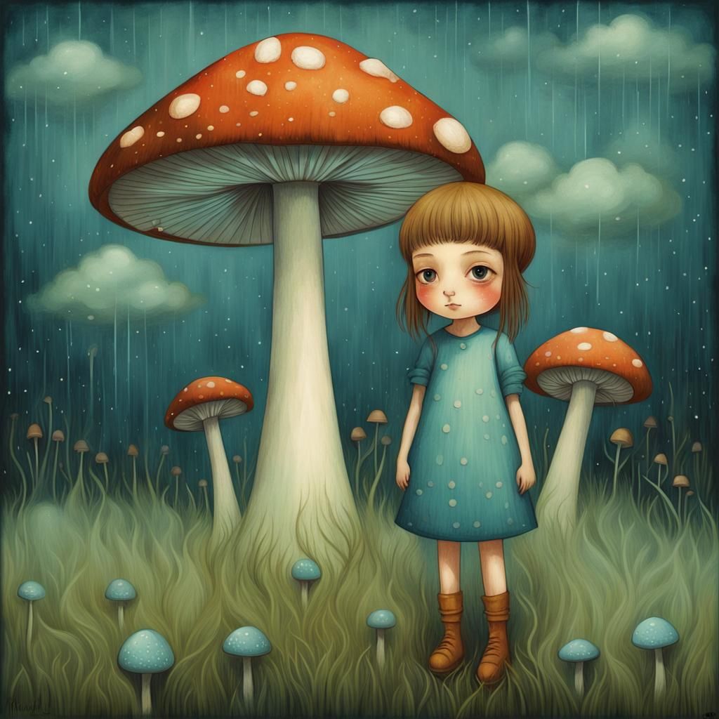 Girl by Mushroom in Surrealist Style
