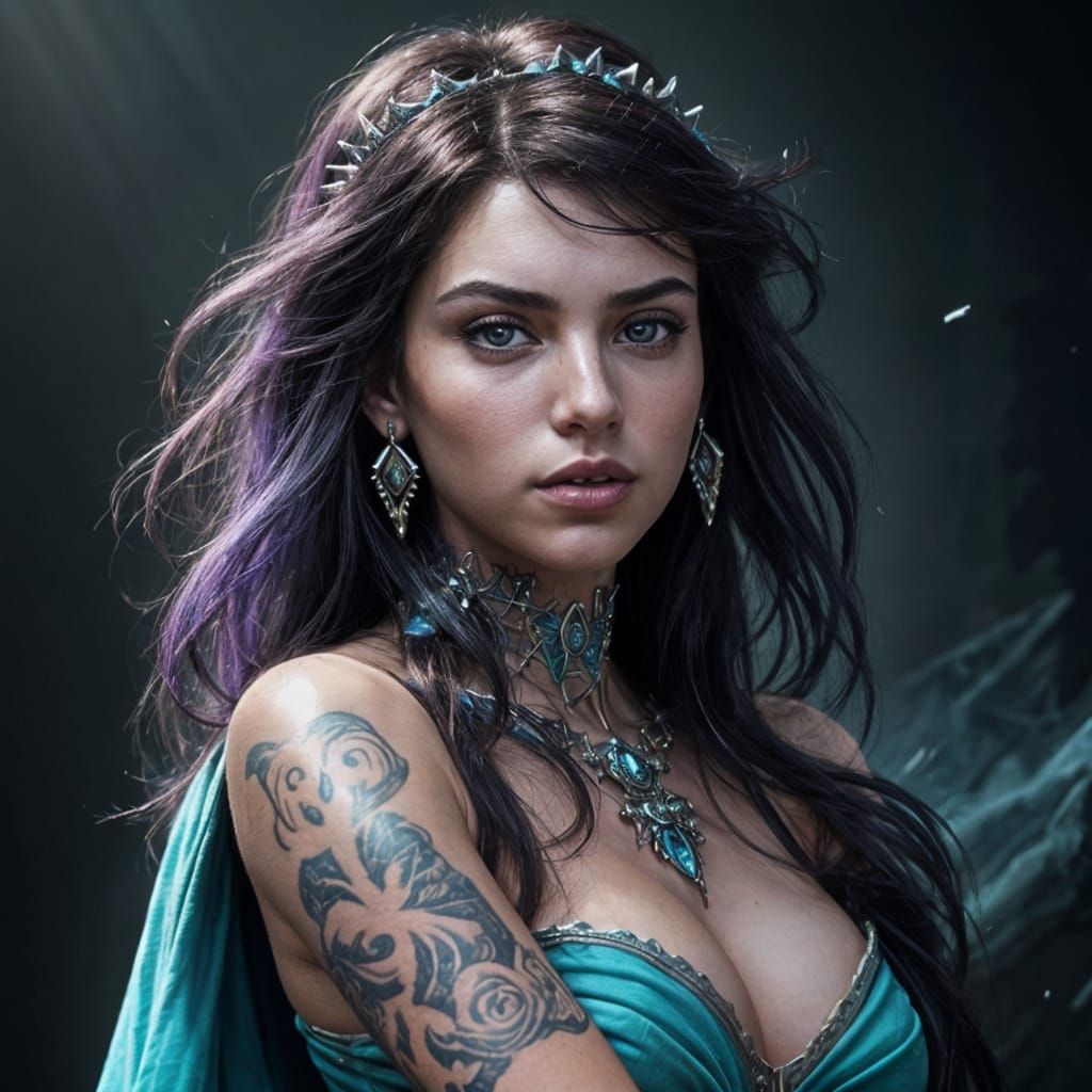 Sultry Heavy Metal Disney Princess in Lavender and Teal Atti...