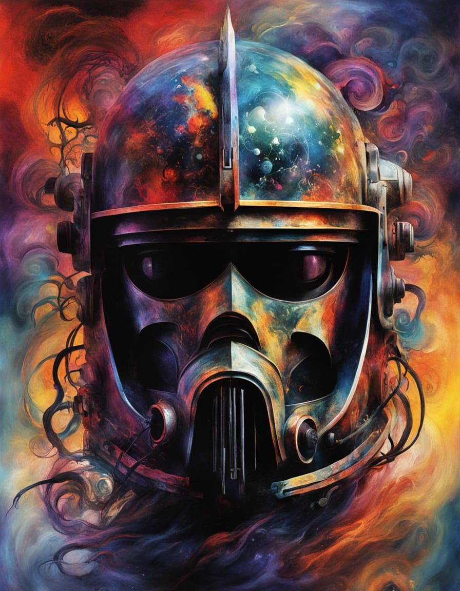 Knight's Helmet Dissolving into Cosmic Horror in Nebula