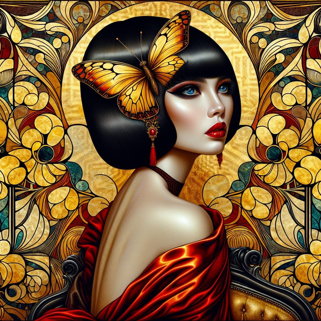 Elegant East Asian Woman Adorned with Golden Butterfly
