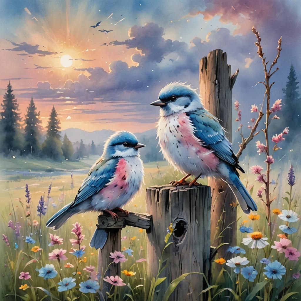 Watercolor Birds on Rustic Post in Wildflower Meadow