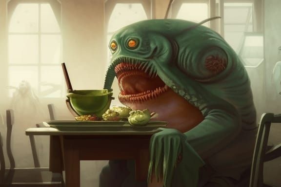 Sovietpunk Cthulhu Eats Curry, Highly Detailed Digital Art