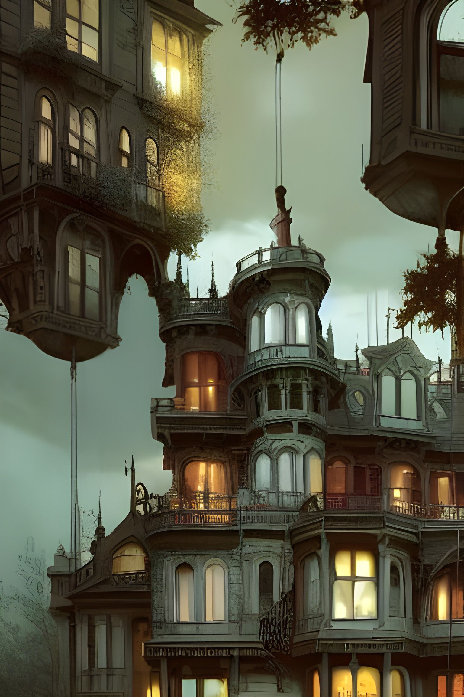 Floating Victorian House Swallowed by Bird, Digital Art
