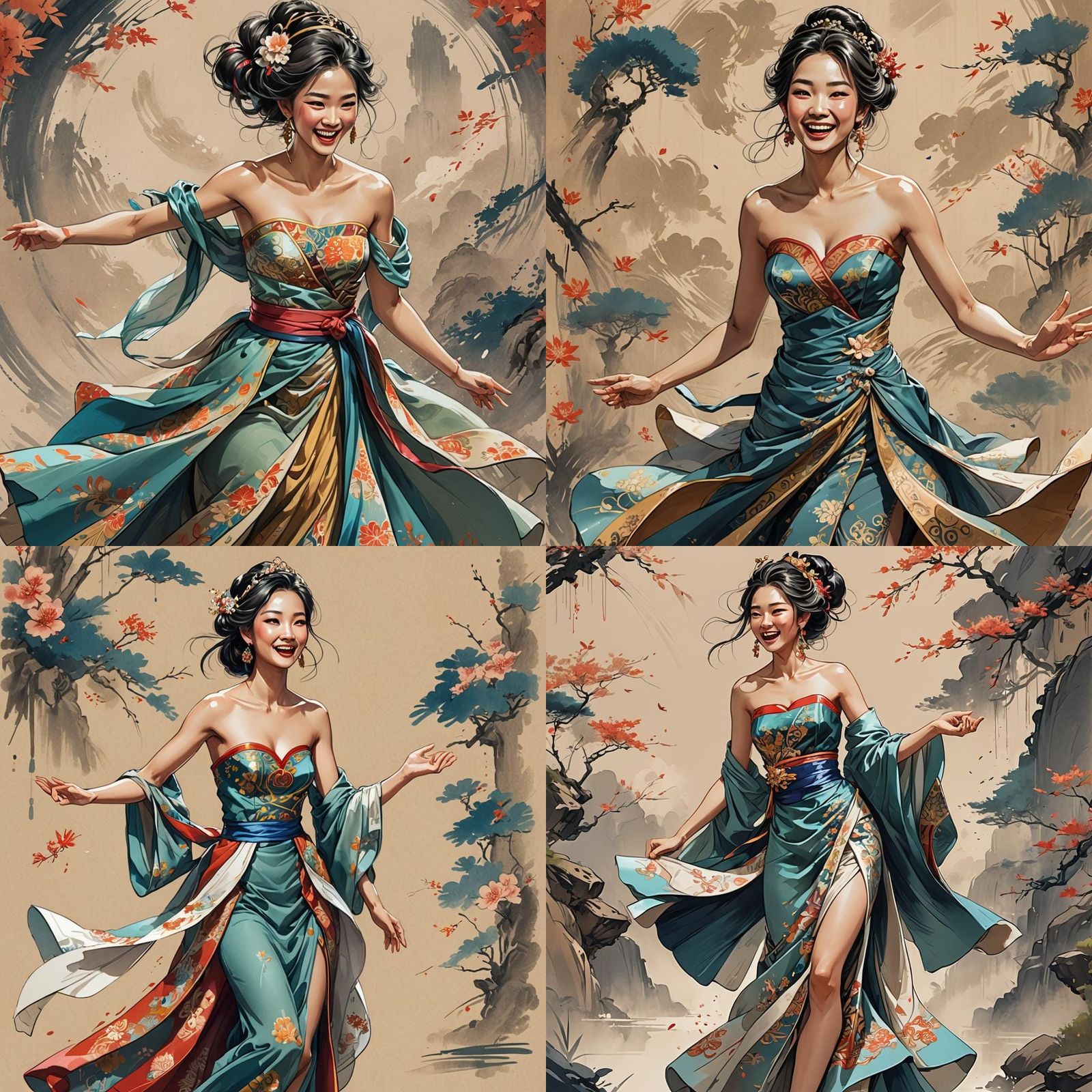 Joyful Woman in Strapless Dress: Sketch, Painting, Anime Art