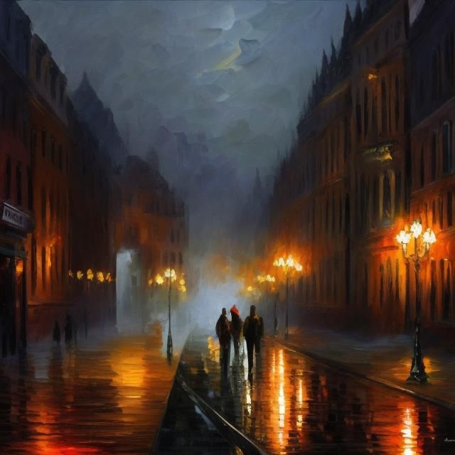 Impressionist Victorian London street by gaslight