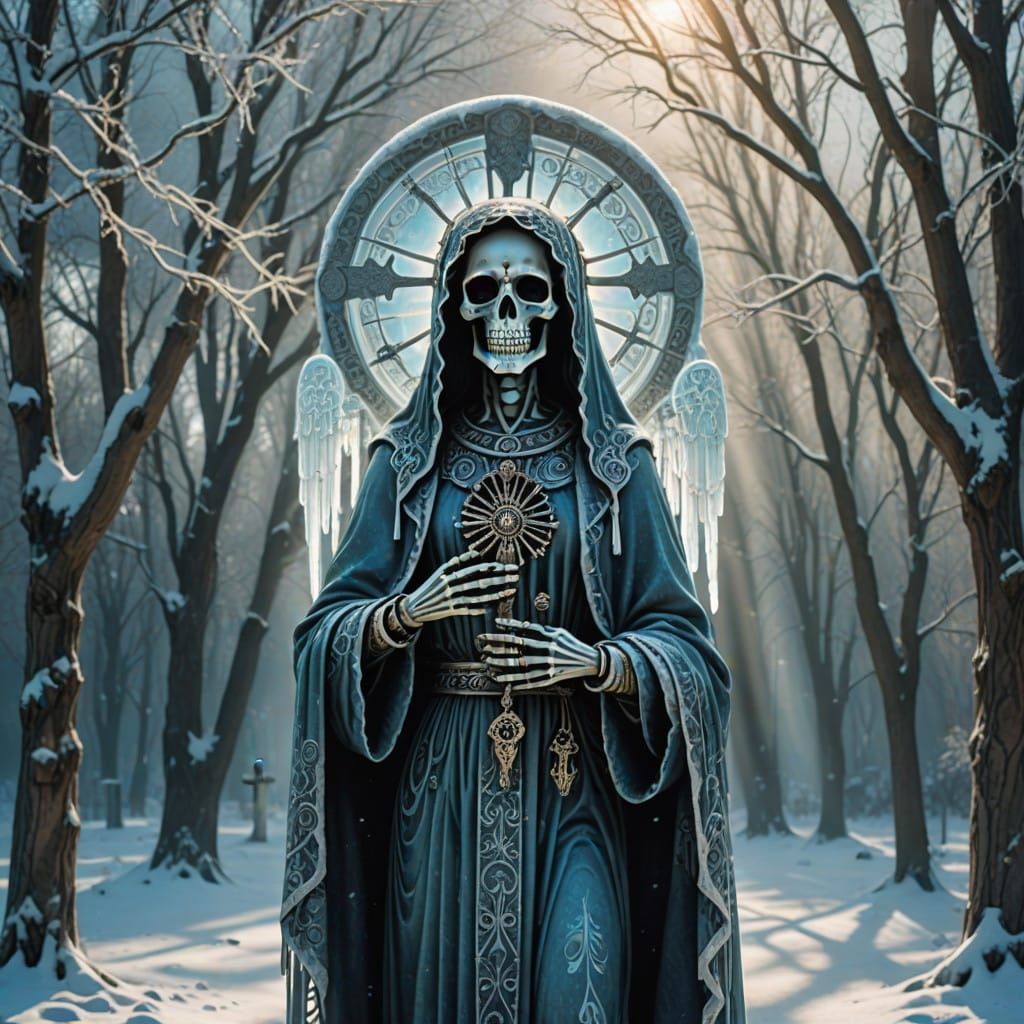 Ethereal Santa Muerte Amidst Winter's Frosty Glow