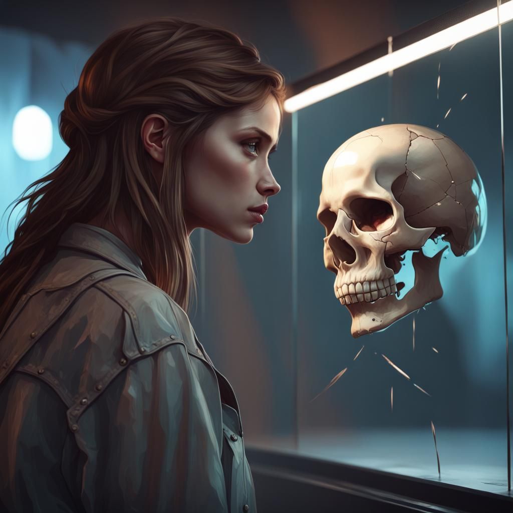Girl's Skull Reflection: Hyperdetailed Digital Art Portrait