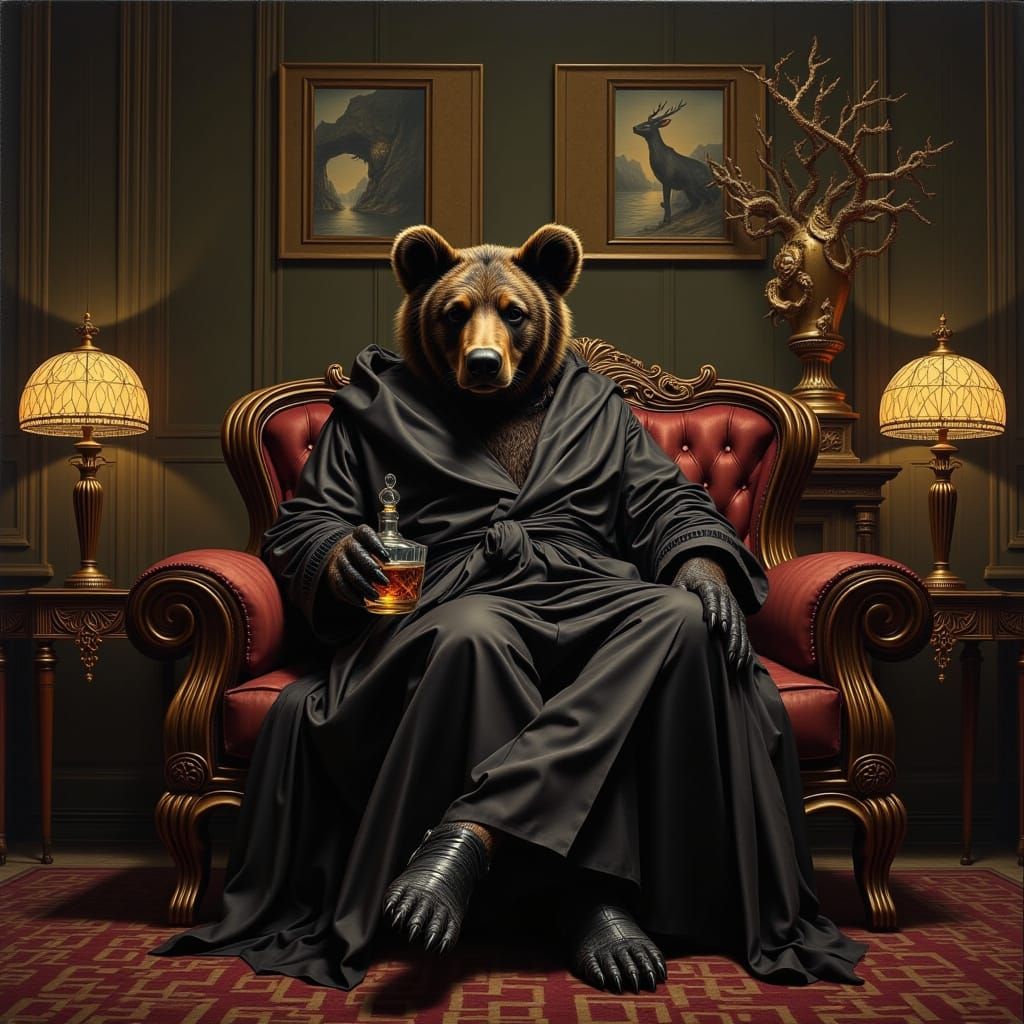 Grizzly Bear Lounging in Art Deco Living Room