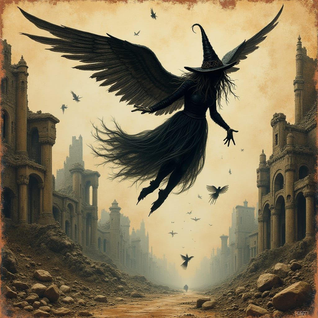 Dark Witches on Ruined Parchment, Mystical Fantasy Style