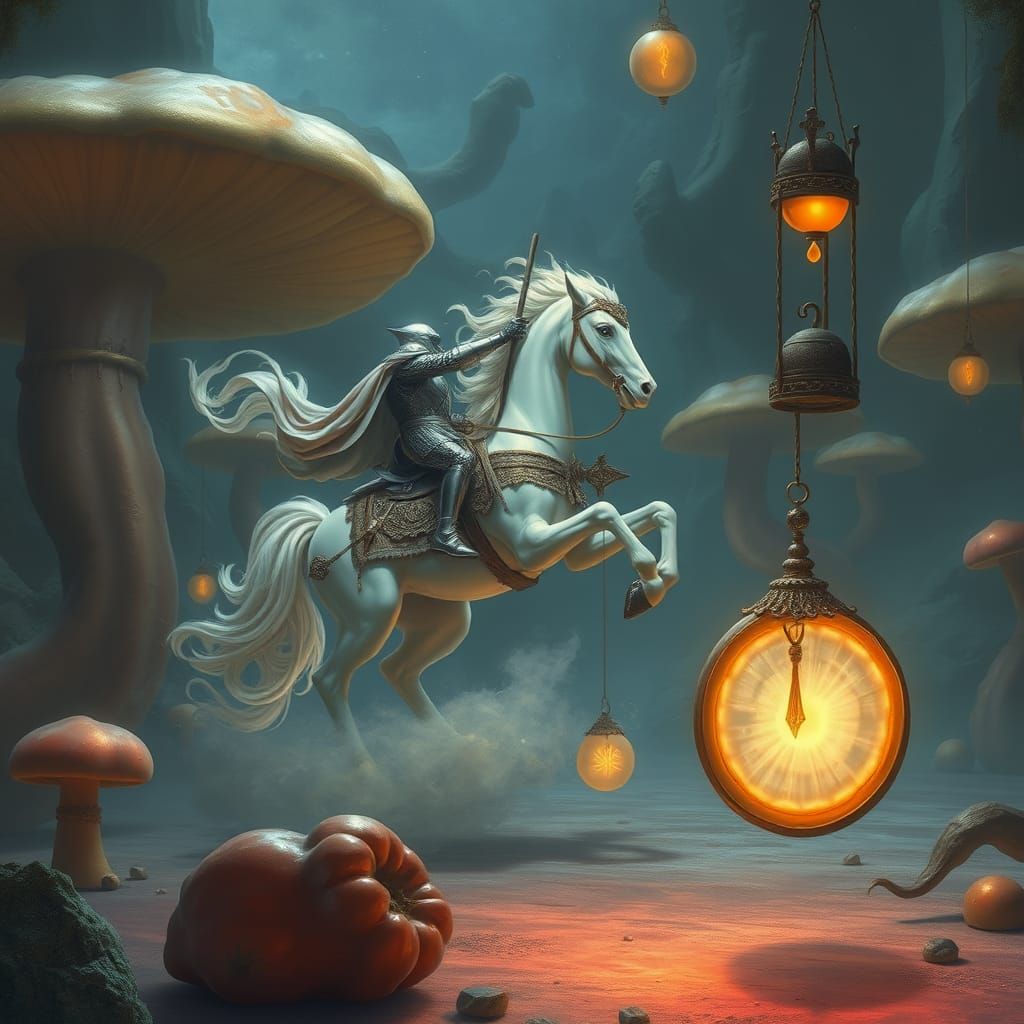 Spectral Knight Jousts in a Dreamlike Arena of Glowing Mushr...