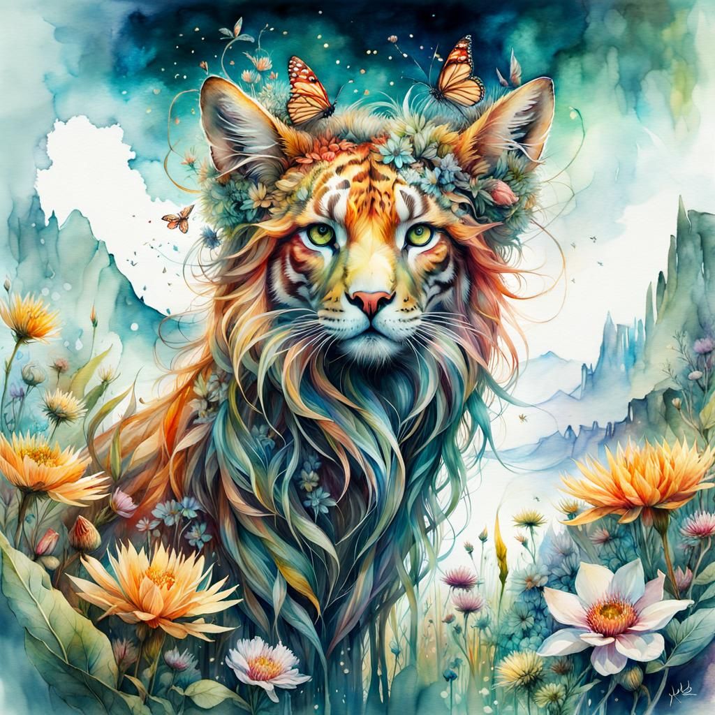 Fantasy Creature in Summer Landscape: Digital Watercolor Art