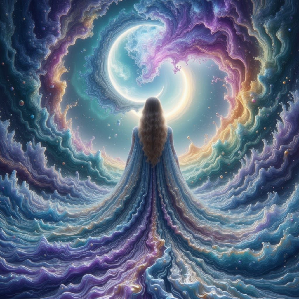 Woman in Silver Cloak Watches Liquid Moon Over Turquoise Oce...