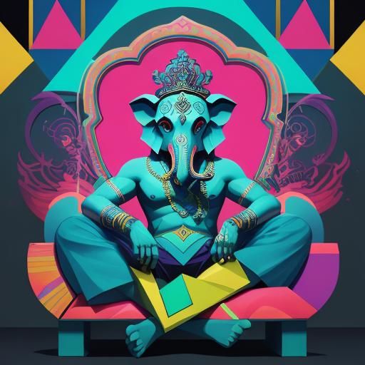 Ganesh on Throne in Cubist, Art Deco Style
