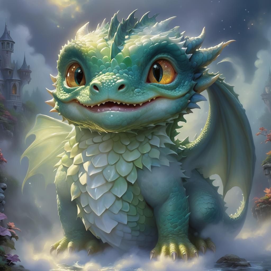 Ethereal Baby Dragon in Fantasy Landscape