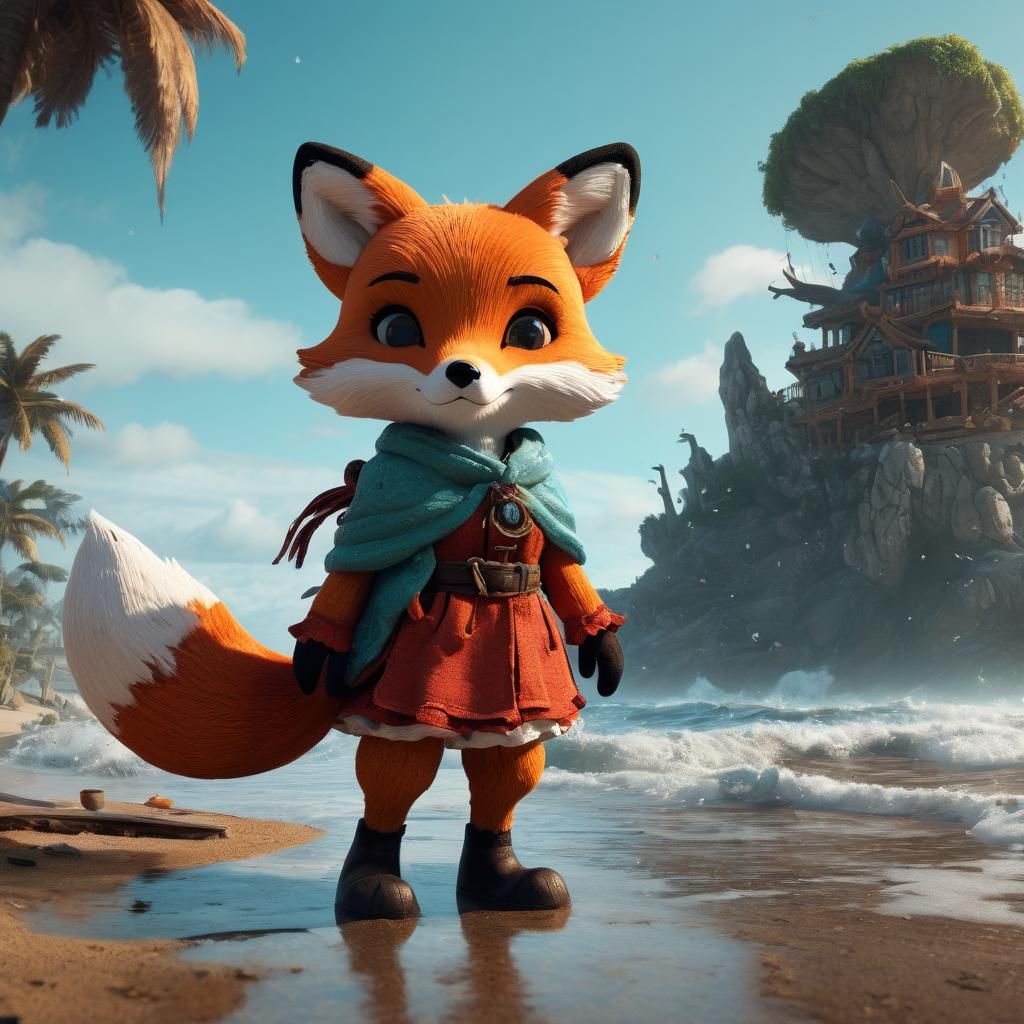 Plush Fox and Girl at the Beach, Digital Art