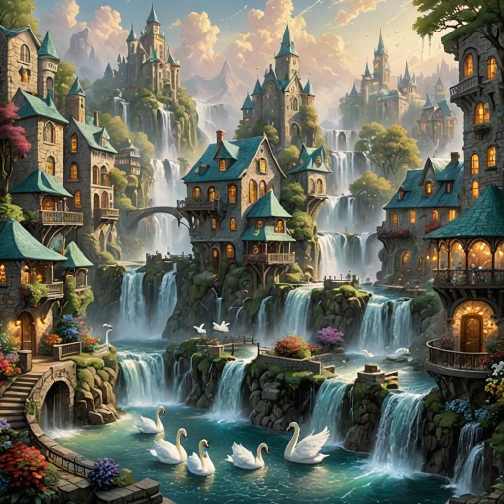 Ethereal Fantasy Cityscape with Waterfalls and Swans