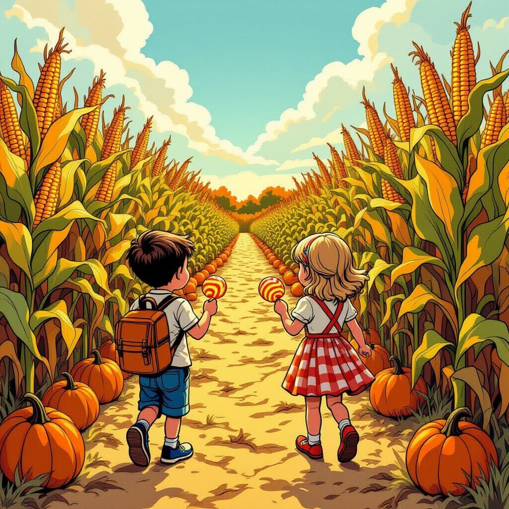 Kids Enter Corn Maze With Taffy Apples, Vintage Comic Style