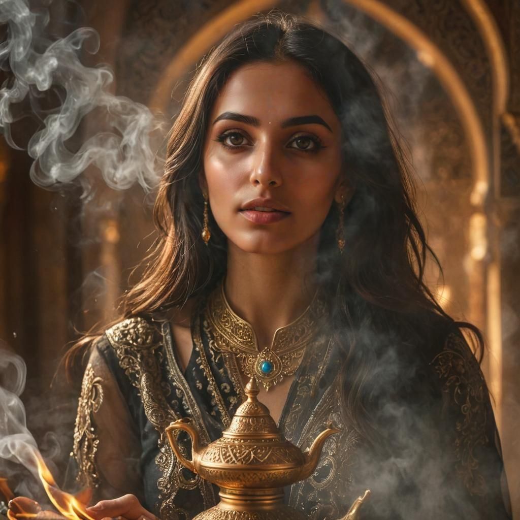 Beautiful Arabian Woman Emerges from Magic Lamp